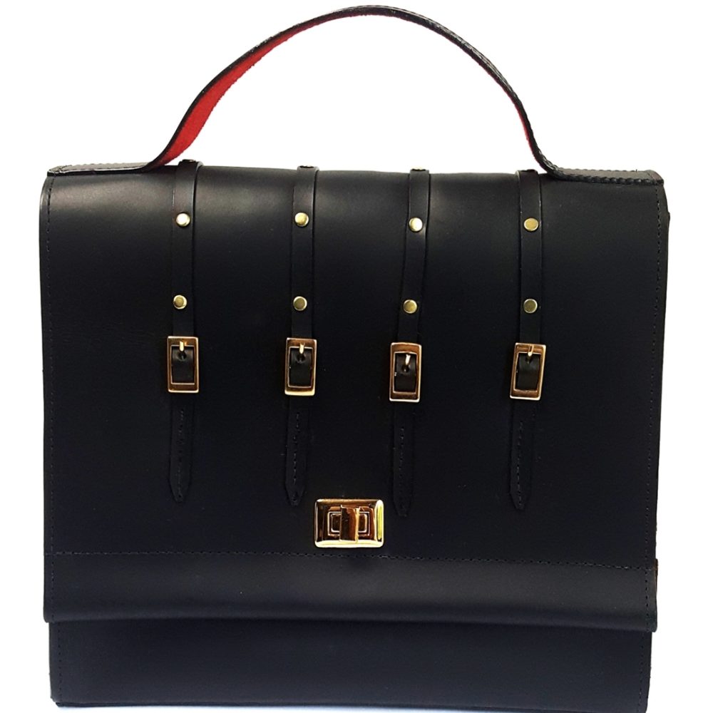Front view of a black leather bag