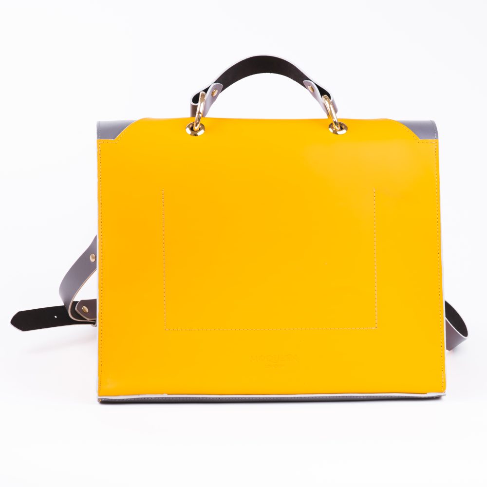 Back view of a canary yellow grey designer shoulder bag