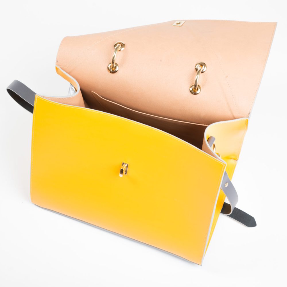 Inside of canary yellow grey designer leather shoulder bag