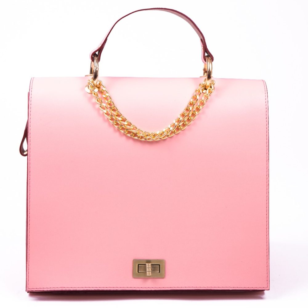 Front view of a pink bag with a chain