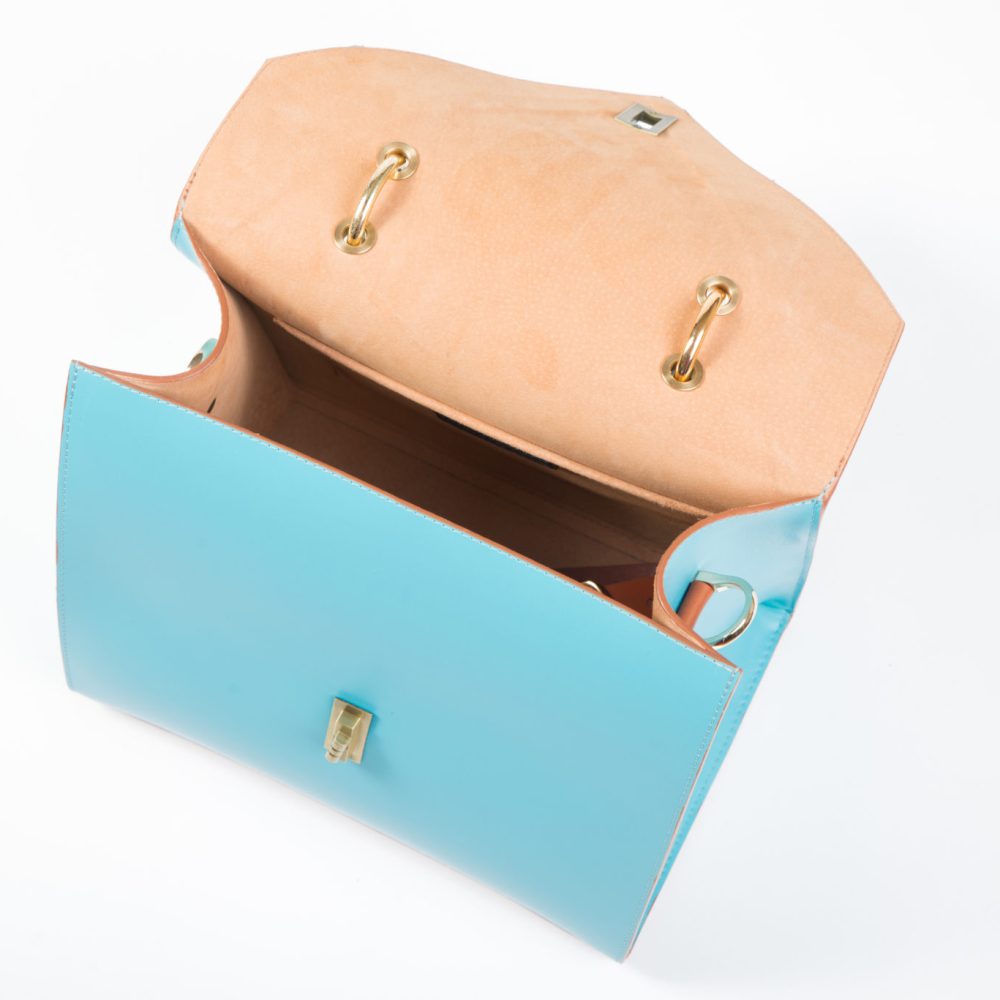 Inner of a blue bag with a chain