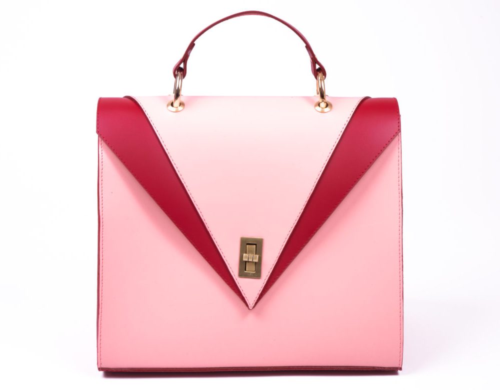 Front view of a pink red leather shoulder bag