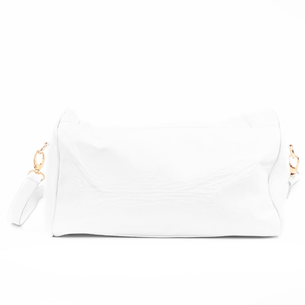 Back view of white duffle bag with red inner velvet leather