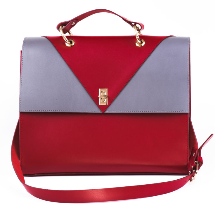 Front view of a red grey designer shoulder bag