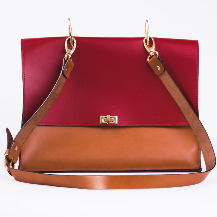 Front view of an eco leather tan red bag