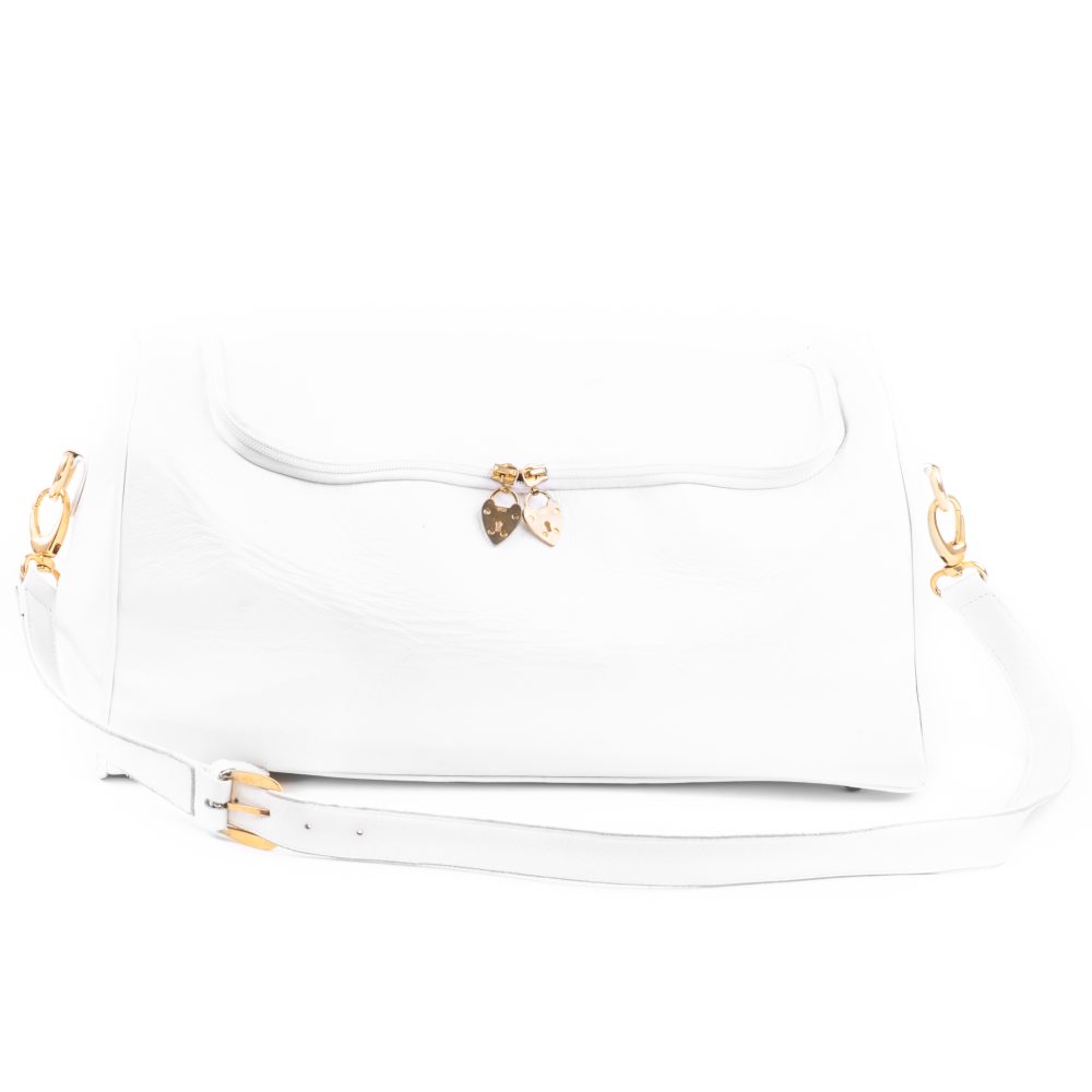 Front view of white duffle bag with red inner velvet leather