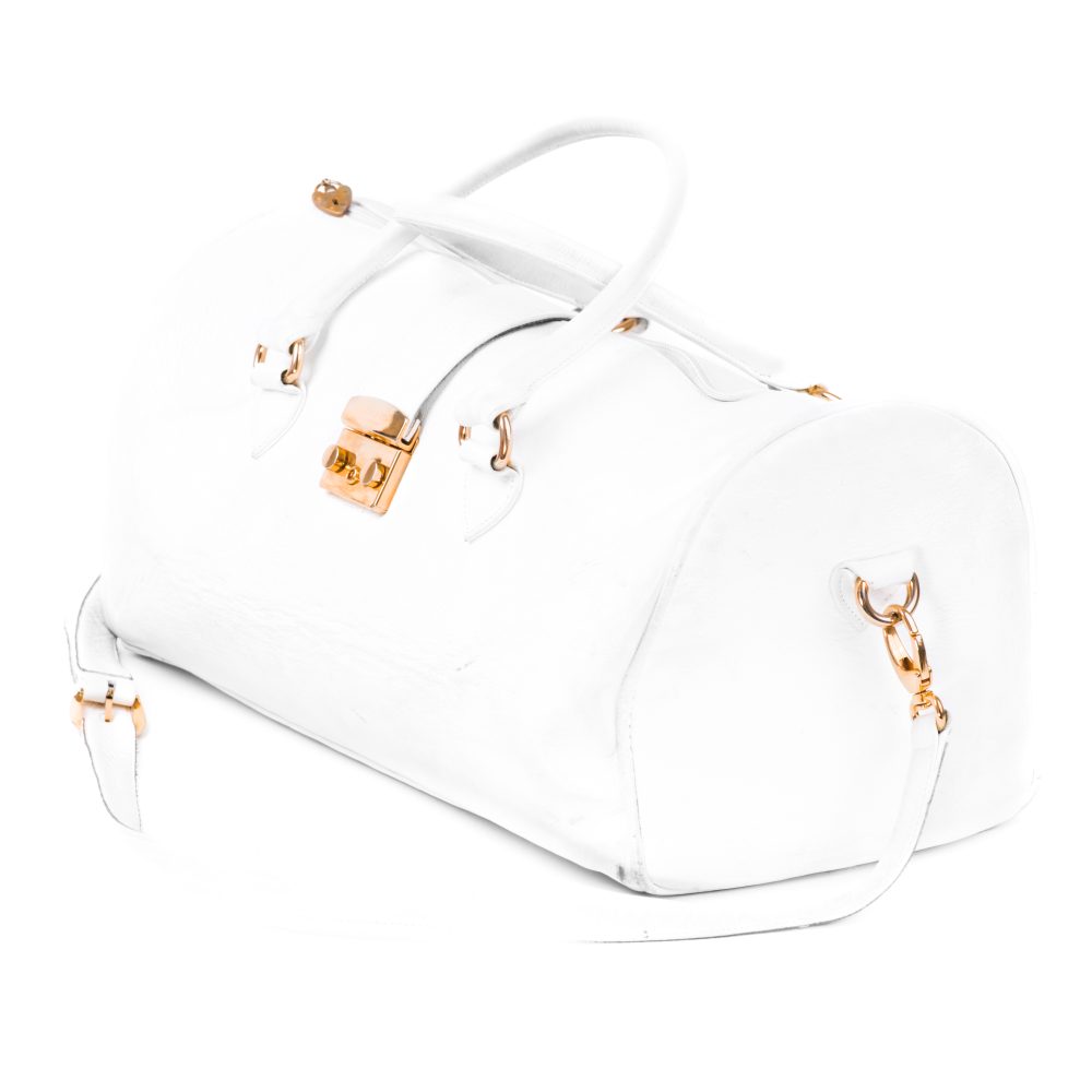 The side view of a large designer white duffle bag