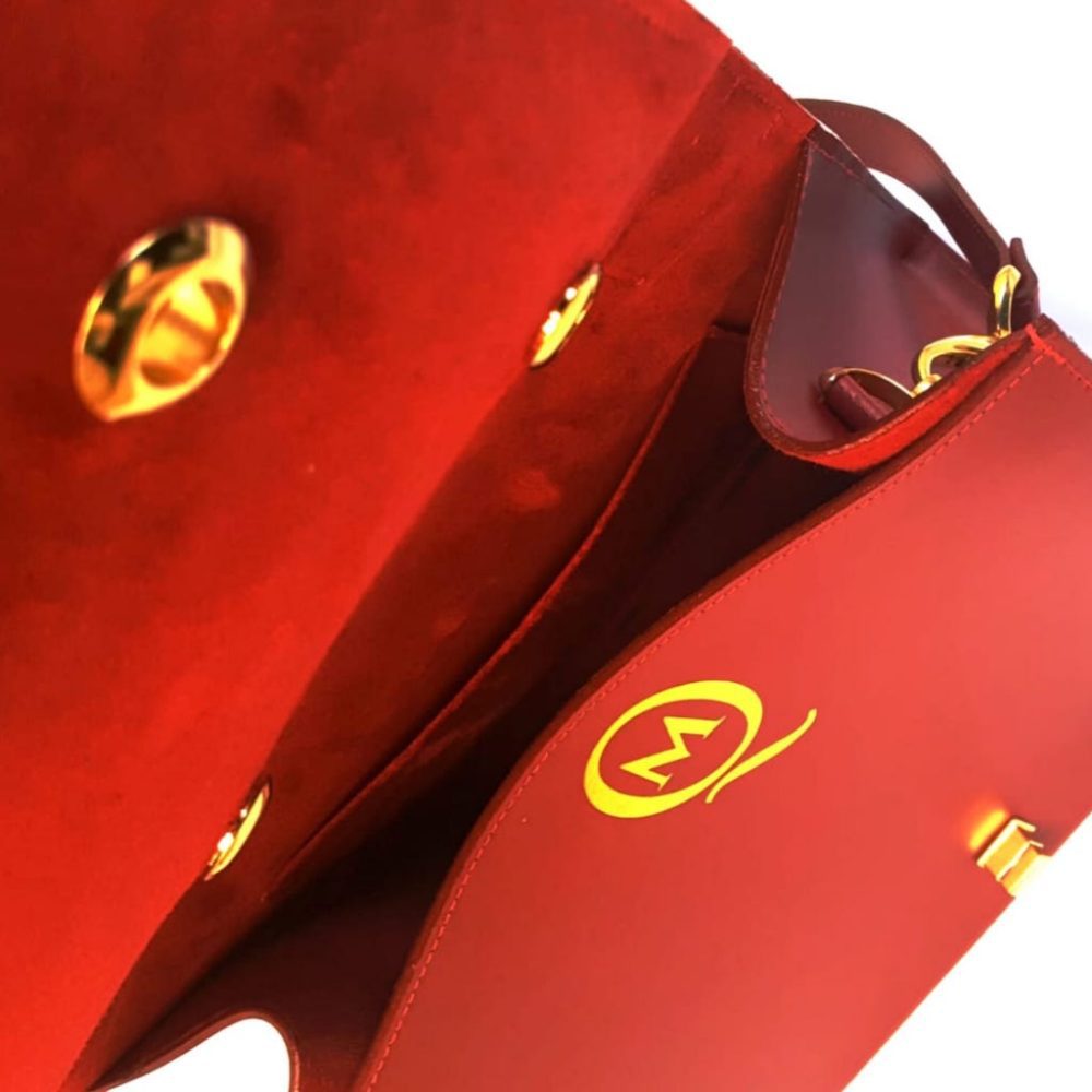 Inner view of red designer bag