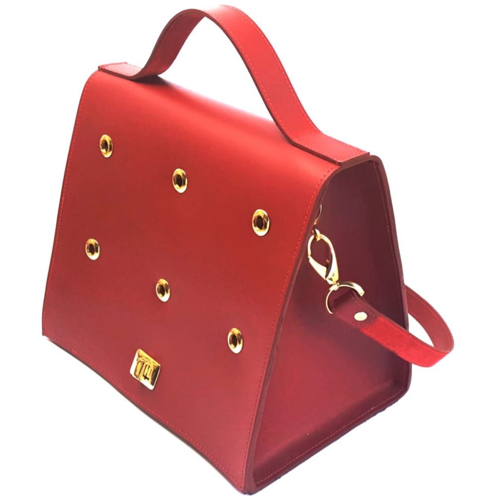 Side view of a red designer shoulder bag