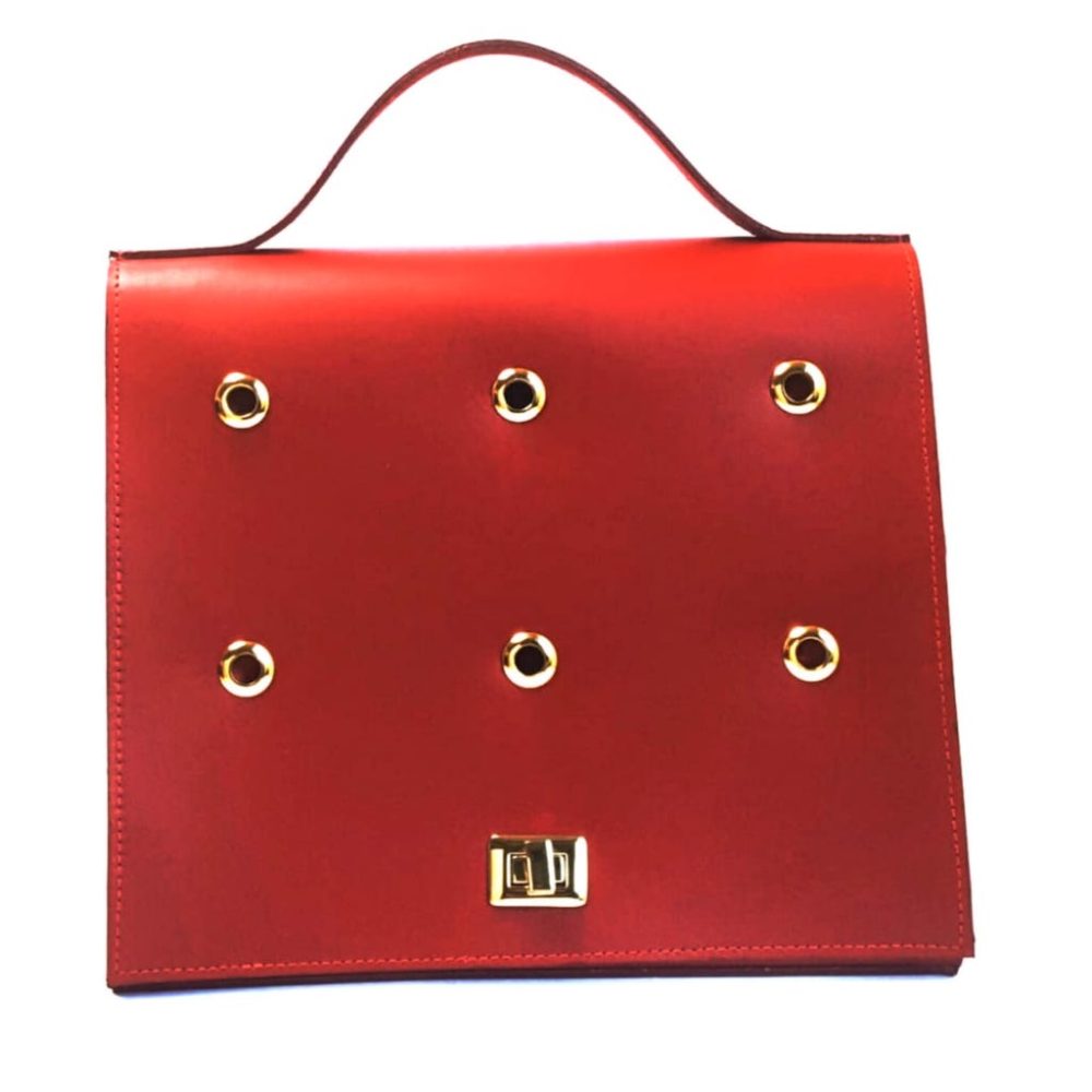 Front view of a red designer shoulder bag